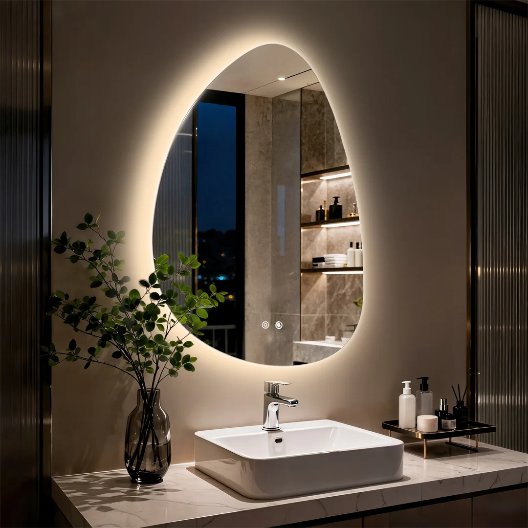 LUVODI Unregelmäßiger LED-beleuchteter Badezimmerspiegel, wandmontierter Schminkspiegel aus gehärtetem Glas, beschlagfrei, Kieselstein-Design für über Waschbecken, 3 Farben, vertikale Montage