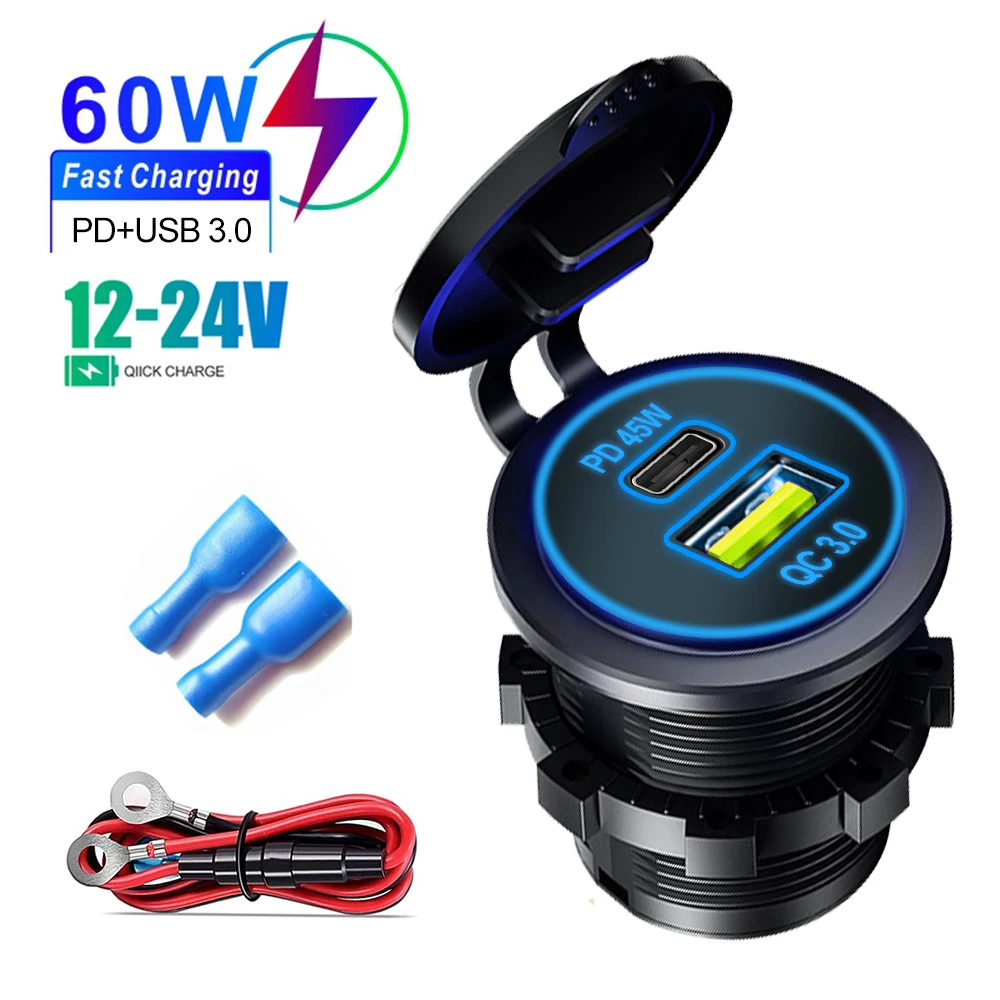 60W Autoladegerät 12V 24V PD USB-Steckdose QC 3.0 Schnellladung Wasserdichte USB-Buchse für Auto Motorrad LKW RV Boot