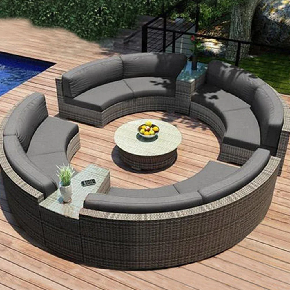 Runde Rattan-Sofa-Kombination für den Außenbereich, Garten, Innenhof, halbrunder Rattan-Stuhl, Sofa, Outdoor-Hotel, gebogenes Wohnzimmersofa