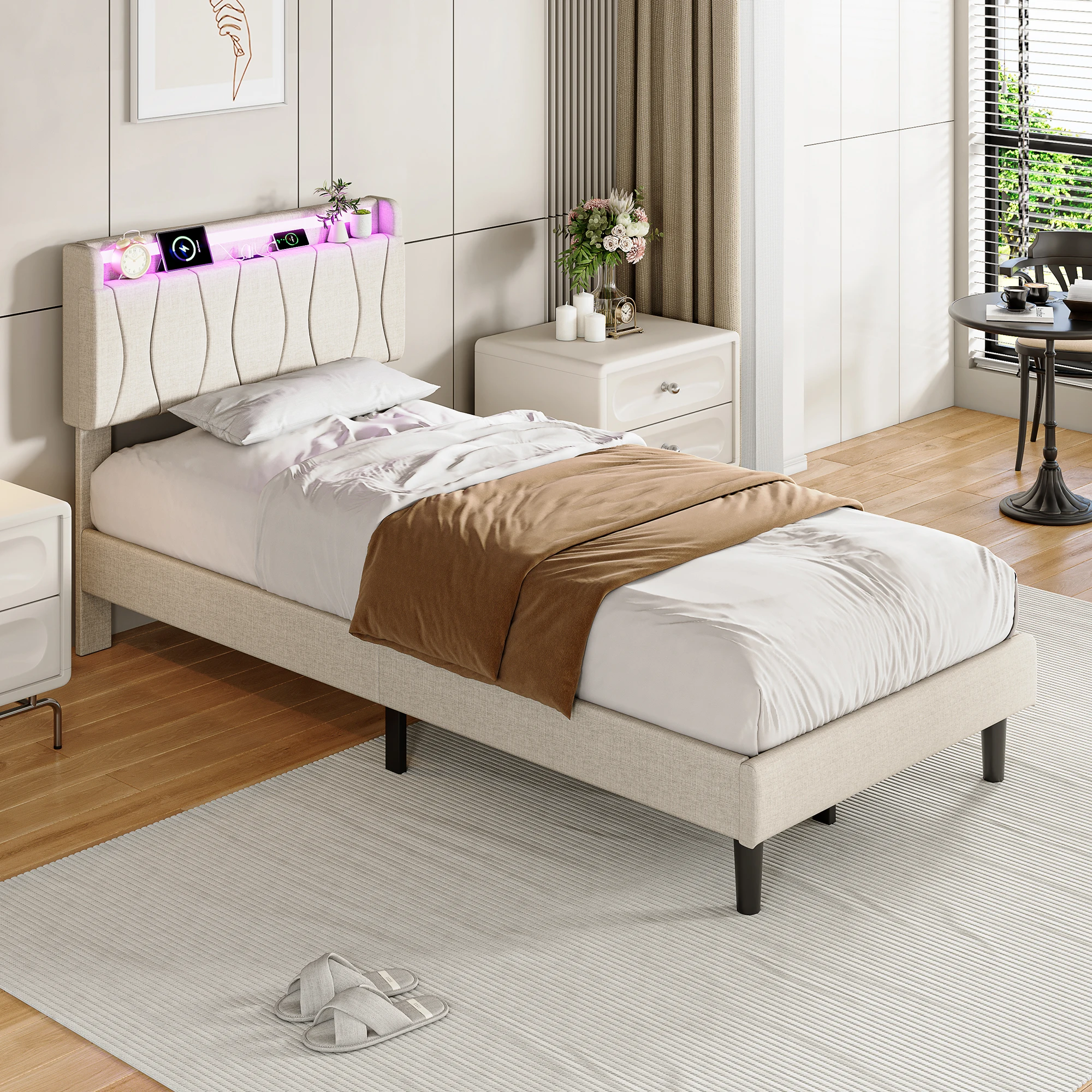 Creahappy, 90 x 200 cm Einzelbett, Polsterbett, Jugendbett, Bett für Apartments, Hotels und Ferienunterkünfte, Bett für Mietwohnungen, Bett für Nebenschlafzimmer mit hohem Kopfteil, Gästebett, Bettgestell für kleine Schlafzimmer, Leinenstoff, Beige