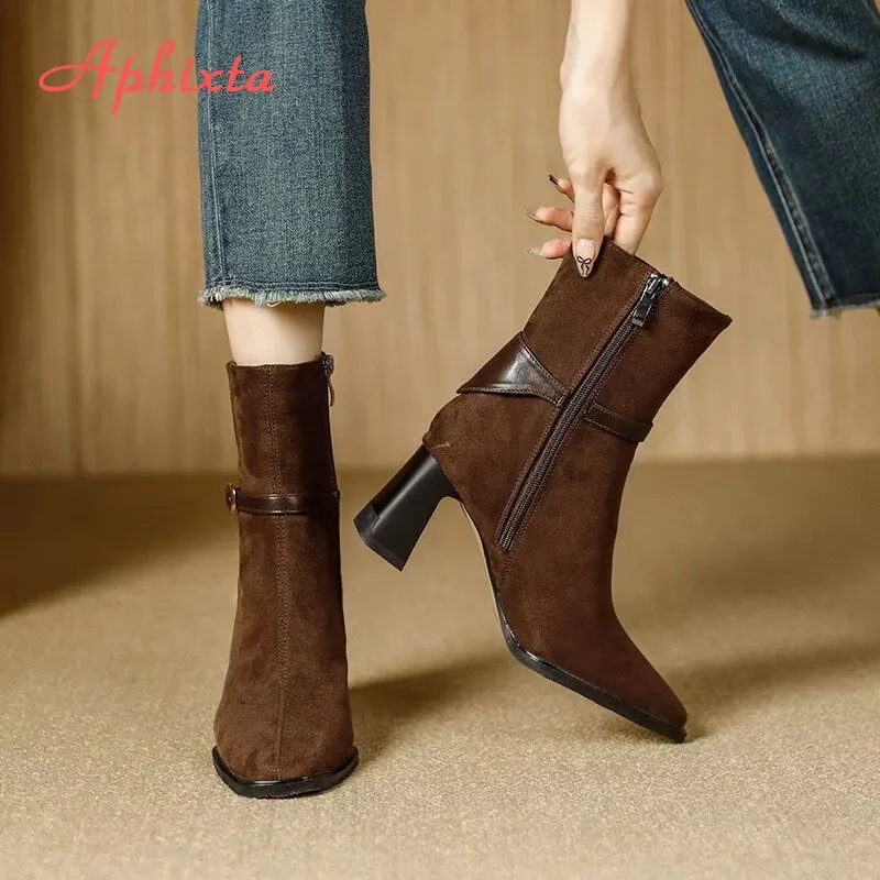 Aphixta High Heels Frau Moderne Stiefel Sexy Spitz Kuh Wildleder Stiefeletten Für Frau Seitlichem Reißverschluss Große Größe 42 Damen Schuhe