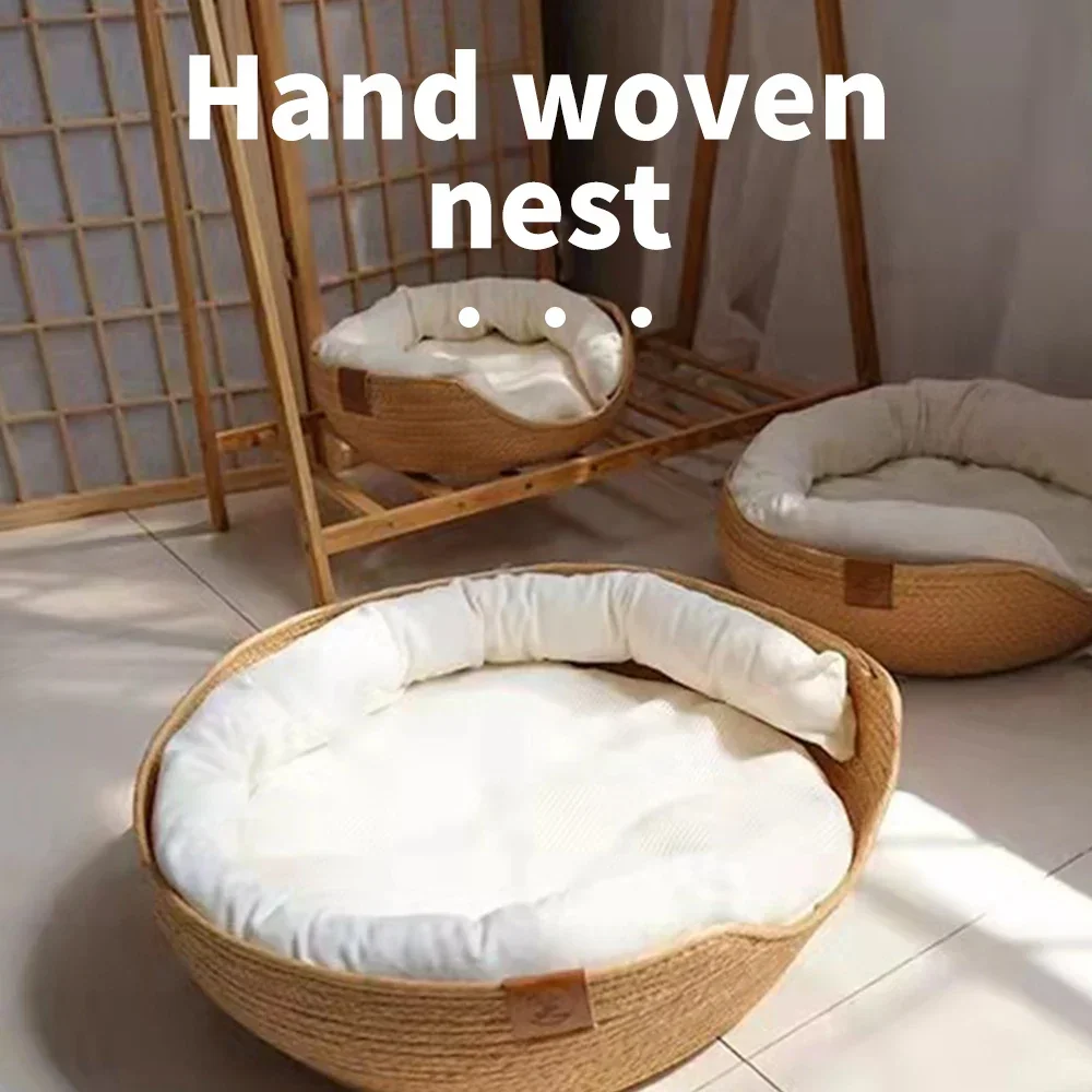 Sommer Runde Stroh Weben Hund Bett Haustier Abnehmbaren Korb Tief Schlaf Sofa Haustier Zwinger Hand Woven Nest Körbe Für Hund & katze