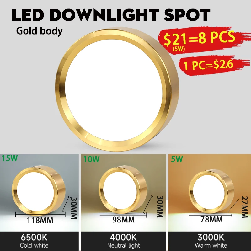 Goldene LED-Deckenleuchte, LED-Spot-Downlight, 10 W, 15 W, 25 W, oberflächenmontierte Downlights, dünner Scheinwerfer für Wohnzimmer, Spots, Decke