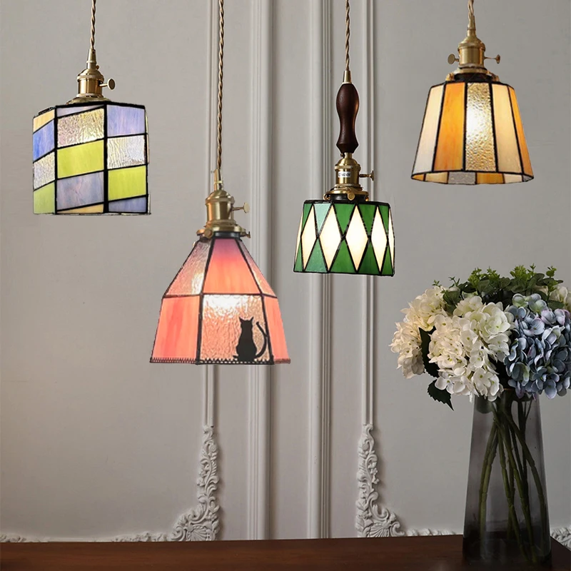 Retro Farbenfrohe Tiffany Pendelleuchten Restaurant Kreative Hängelampe Wohnzimmer Deckenleuchte Kronleuchter Einfache Nachttischlampe Loft