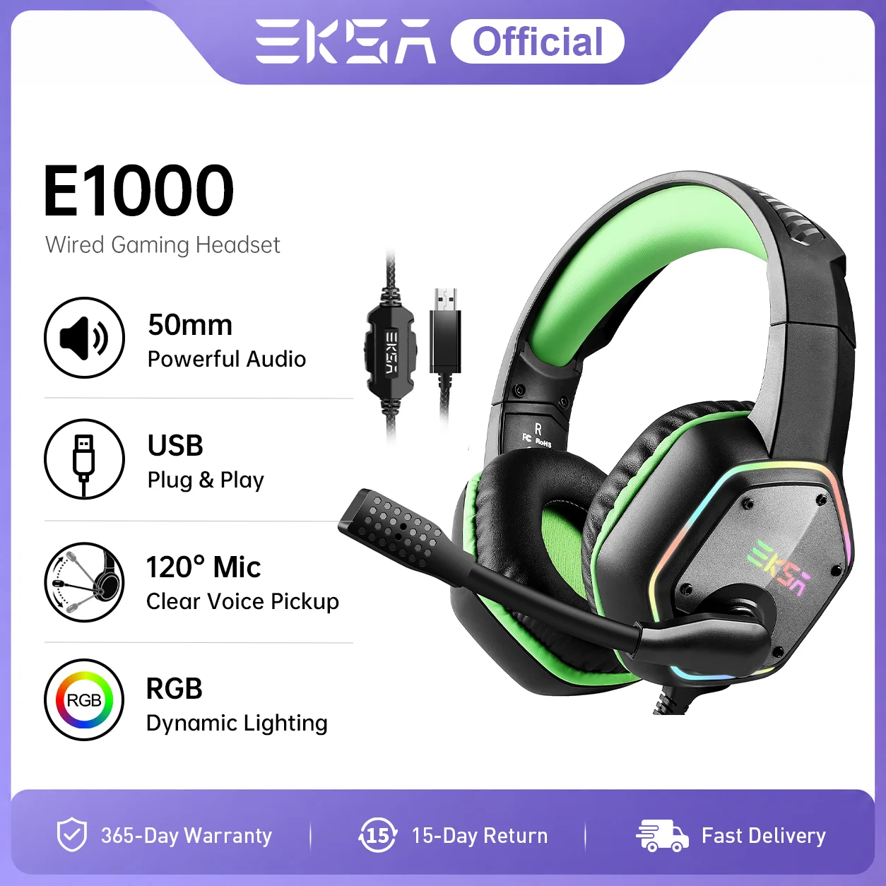 EKSA E1000 Gaming-Kopfhörer 7.1 Surround RGB USB Kabelgebundenes Headset 50mm Treiber Geräuschunterdrückendes Mikrofon 120 ° Drehbarer PC PS4 PS5 Xbox