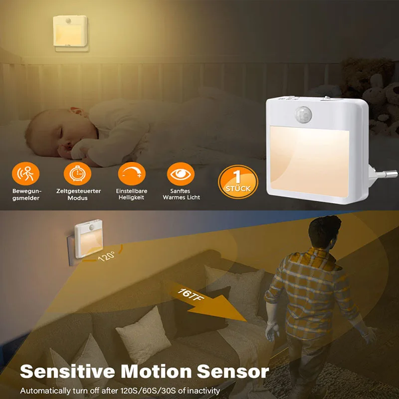 Plug-in-LED-Nachtlichter mit Bewegungsmelder für Kinderzimmer, automatische Dämmerung bis Morgendämmerung, Sensor, dimmbar, Treppenschrank, Nachttisch, Küchenlampe
