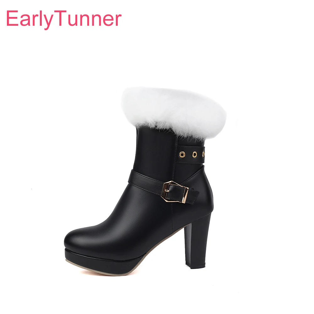 Winter Neue Elegante Schwarze Rosa Damen Stiefeletten mit Fellbesatz Plateauabsatz Damenschuhe in Nude Plus Kleine und Große Größen 12 30 43 45 48
