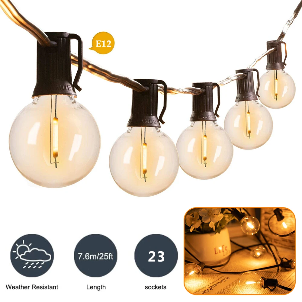 25FT Verbindbare LED G40 Glaskugel-Lichterkette EU US Stecker Wasserdichte Außen-Girlande Lichterkette Dekorative Terrassenlampe