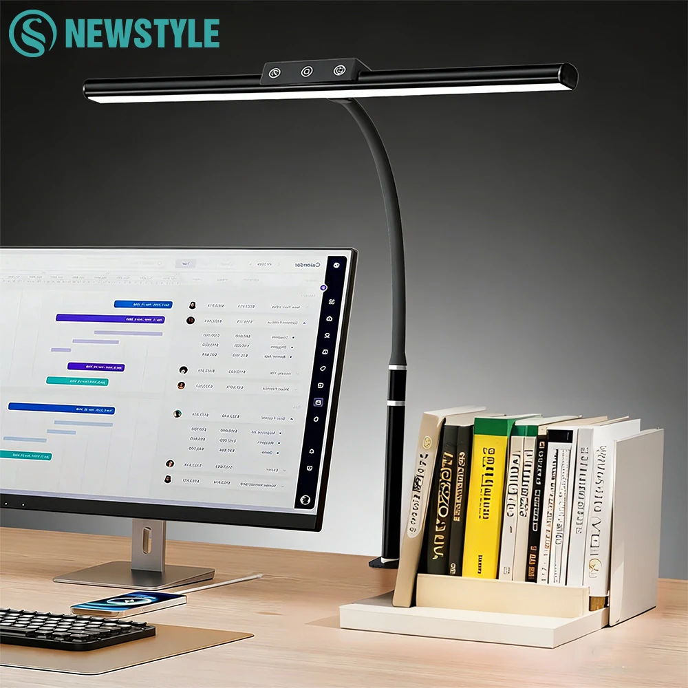 LED-Klemmleuchte mit Touch-Modus, 3200K-6500K, 5 Farben, stufenlose Dimmung, flexibler Schwanenhals, USB-Augenschonelampe für Büro und Zuhause