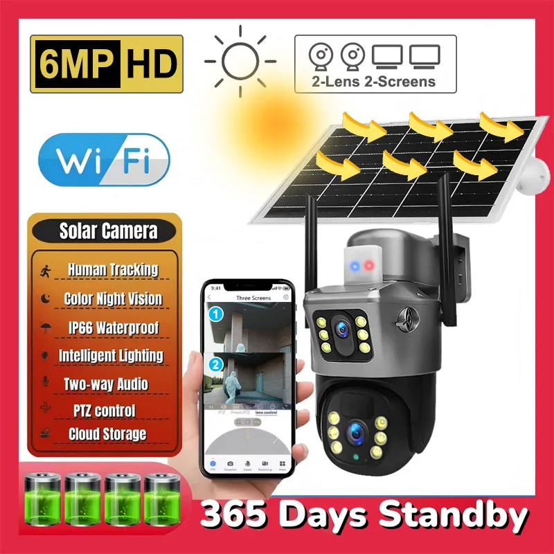 Solar-PTZ-Kamera 4K 6MP HD Außen-WLAN-Kamera mit Solarpanel, Eingebauter Akku, PIR-Bewegungsmelder, 4MP