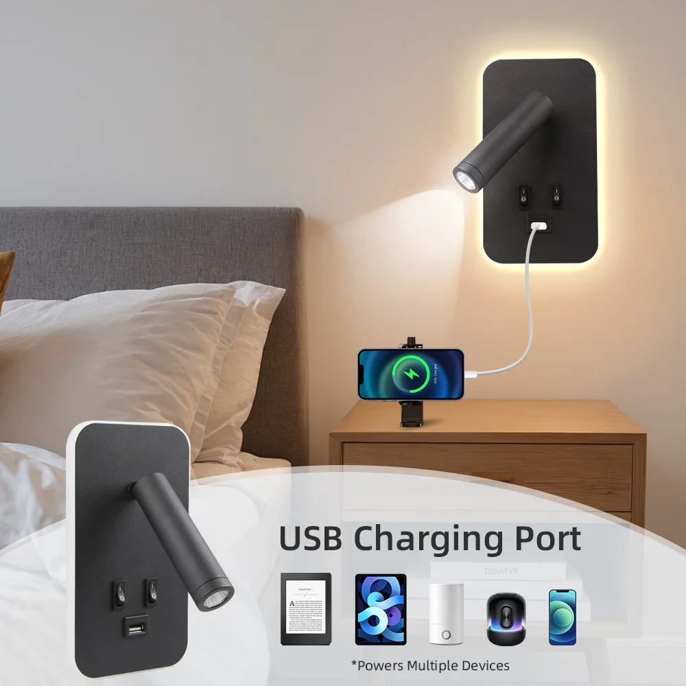 Wandleuchte mit Aufladbarem USB-Anschluss LED-Leselampe für Schlafzimmer Drehbarer Kopf Wandlampe für Wohnzimmer Heim-Dekoration