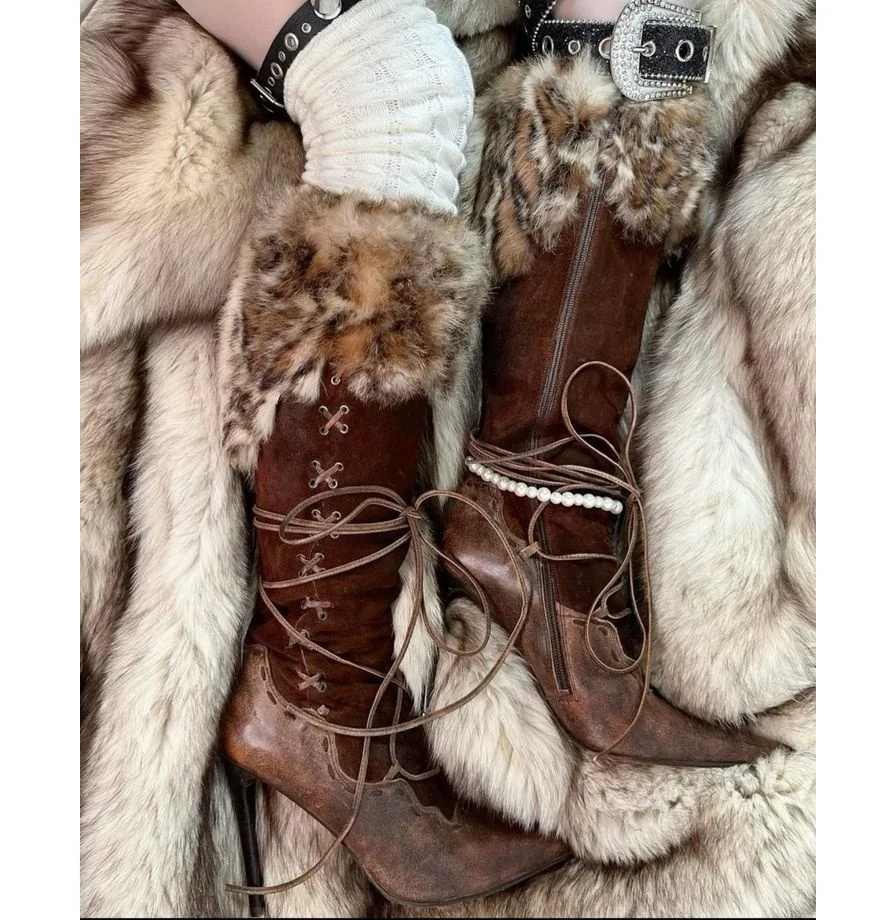 Vintage Leopardenfell Leder Braun Kniehohe Stiefel Damen Schnürung Patchwork High Heels Reißverschluss Spitze Zehen Langer Stiefel Designer Schuhe