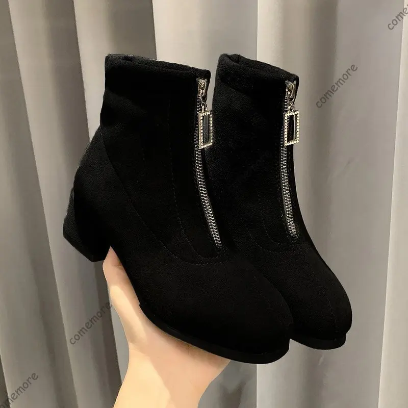 Comemore Herbst und Winter schwarze Stiefeletten mit dickem Absatz, modischer Wildleder-Reißverschluss vorne, kurze Stiefel für Damen, Retro-Damenschuhe