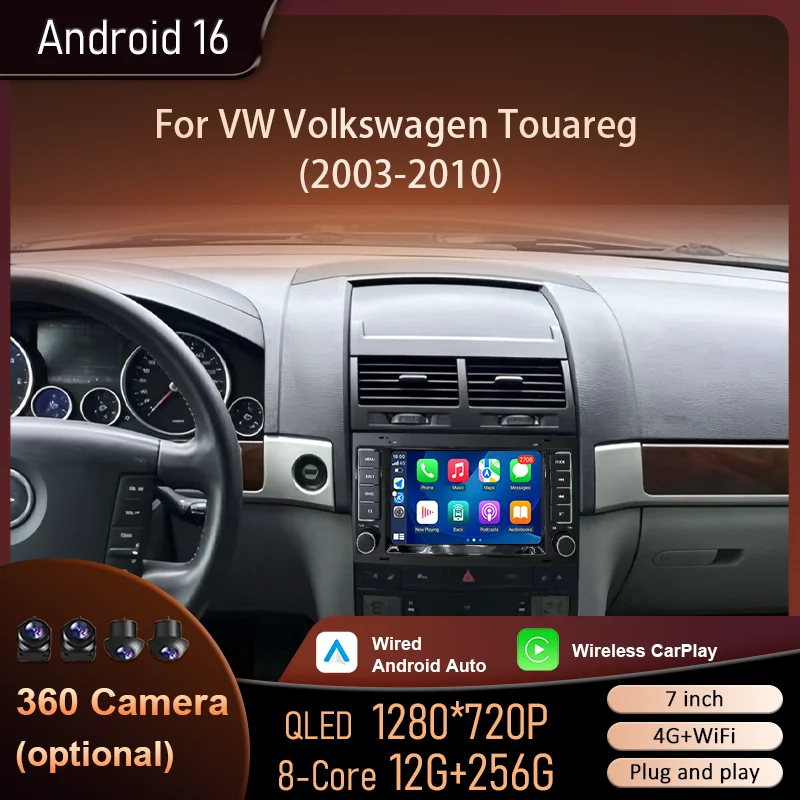 7-Zoll IPS HD Touchscreen für VW Volkswagen Touareg 2003-2010 Android16 BT 4G WiFi GPS DSP Split-Screen Stereo Autoradio Head Unit GPS-Navigation