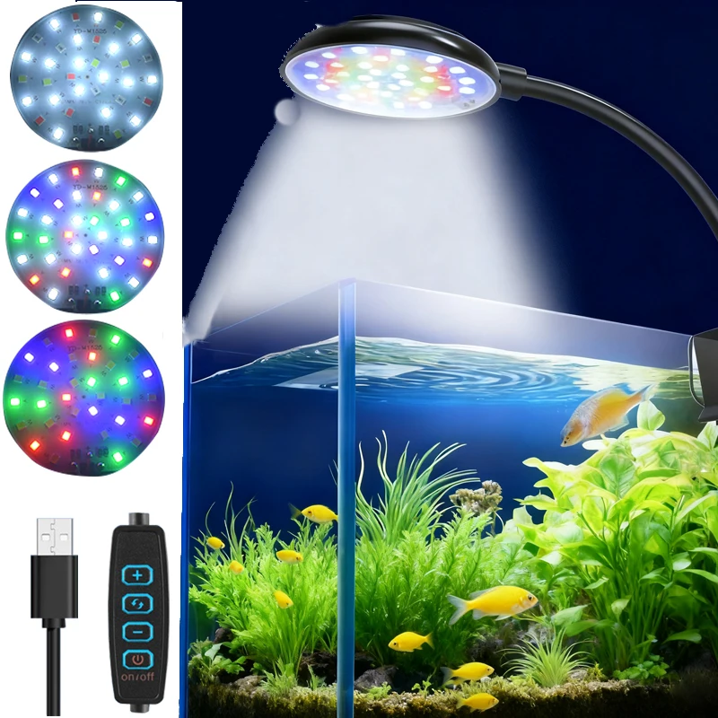 USB Aquarium LED-Lampe Fischbecken-Beleuchtung Deko Aquatische Pflanzen Mehrere Modi Dimmbare Helligkeit Vollspektrum Mini-Klemmleuchte 5V