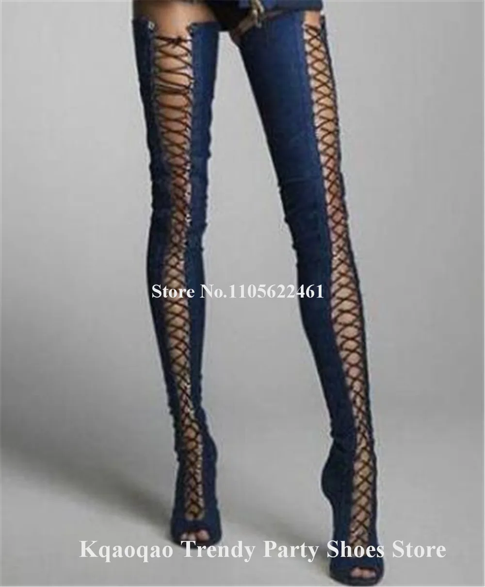 Kqaoqao Sexy Blaue Denim-Stiefel mit Stilettoabsatz, Overknee-Stiefel mit Peeptoe, Schnürung, Oberschenkelhohe Stiefel mit dünnem Absatz, große Größen