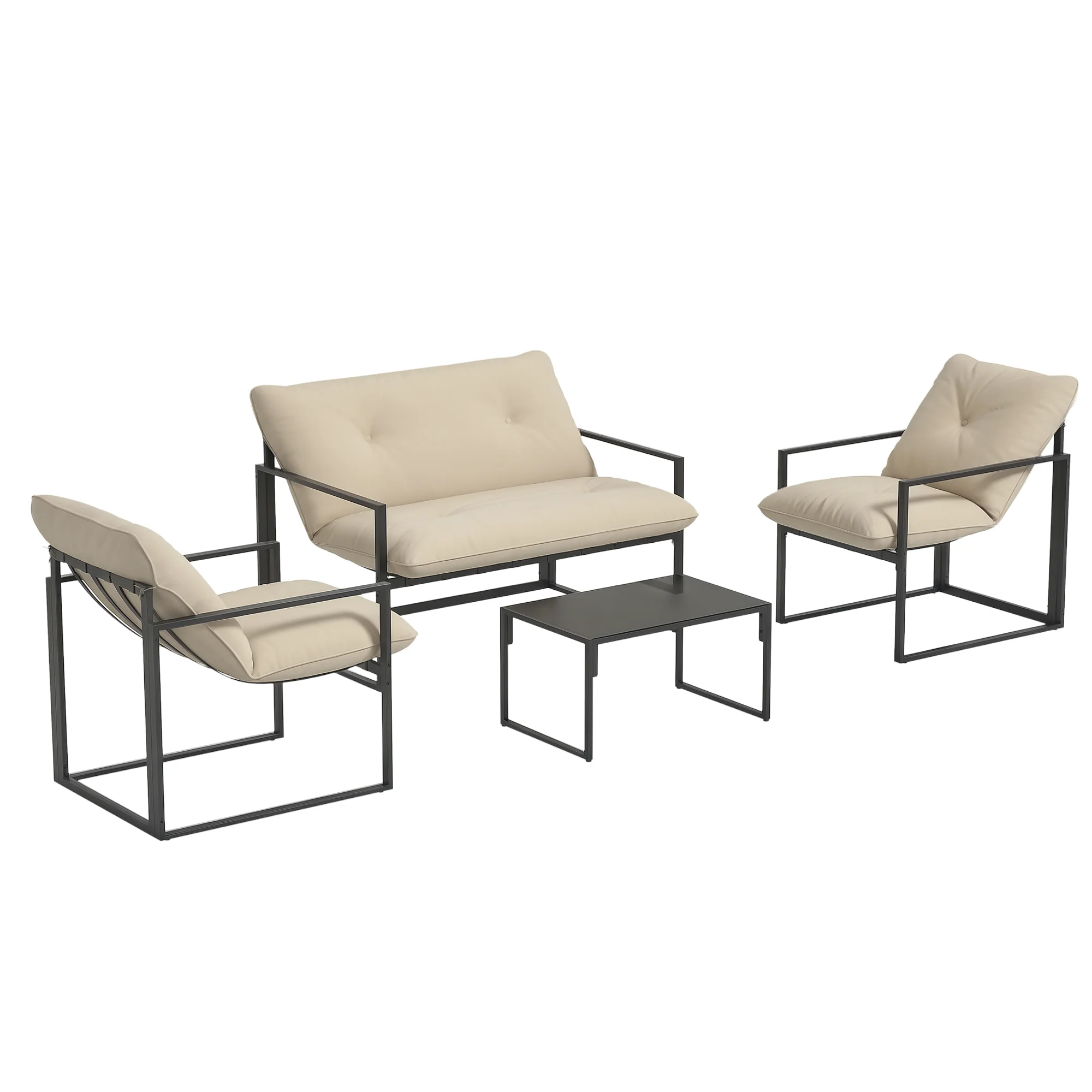 Outsunny 4-teilige Gartenmöbel für 4 Personen mit 2-Sitzer-Sofa, 2 Sesseln und 1 niedrigem Tisch, 3 Kissen, Gartenmöbel für Terrasse, Garten, schwarzer Stahl, Polyester, Beige