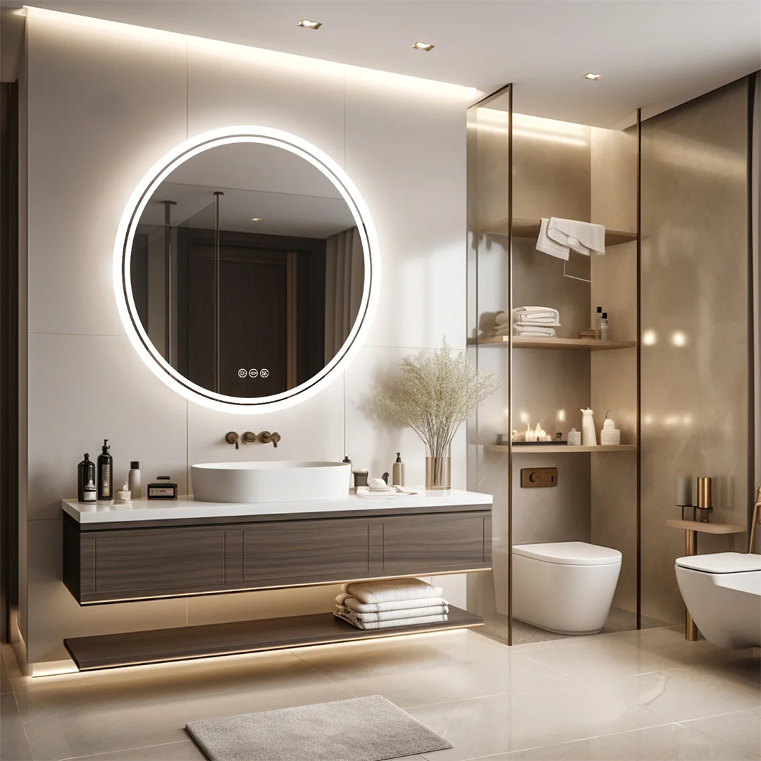LUVODI 80cm Runder LED-Badezimmerspiegel, Großer Hintergrundbeleuchteter Touch-Spiegel mit Ein/Aus-Funktion und Dimmung, Beschlagfreier Wandmontierter Spiegel für Badezimmer
