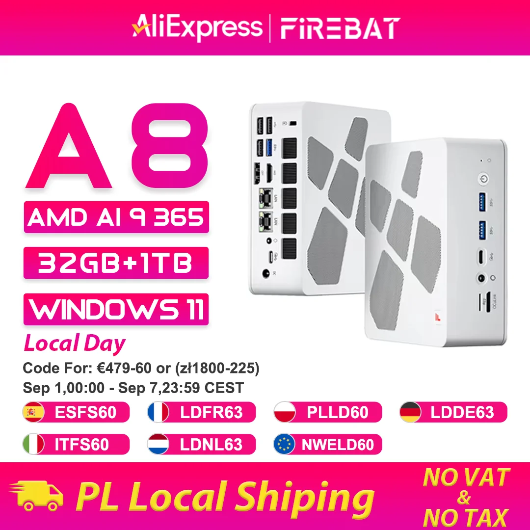 Firebat A8 Mini-PC AMD Ryzen AI 9 365 32GB DDR5 1TB PCIe4.0 SSD Windows 11 Pro OCuLink USB4*2 WiFi6 Gaming-Desktop-Computer