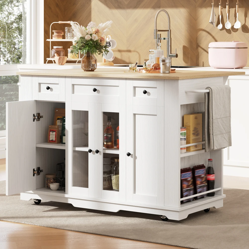 Kücheninsel mit abnehmbaren Trennwänden, Küchenschrank, Esszimmerwagen mit Arbeitsplatte, Buffetschrank, Holzmaserung, Schrank aus gehärtetem Glas, weiß, multifunktionaler Aufbewahrungswagen für Küche, Esszimmer, Wohnzimmer, Haushalt, kleine Wohnung