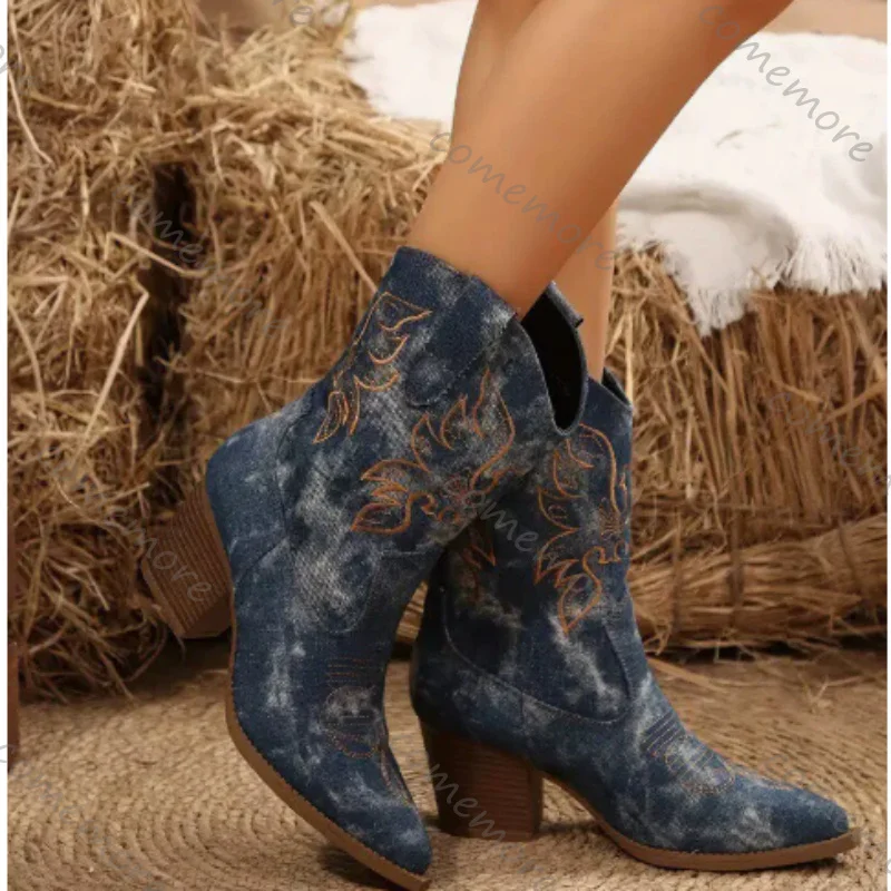 Comemore Stiefeletten mit spitzer Spitze für Damen, Herbst-Winter, lässige High Heels, modische Western-Stiefel in unifarben, Damenschuhe