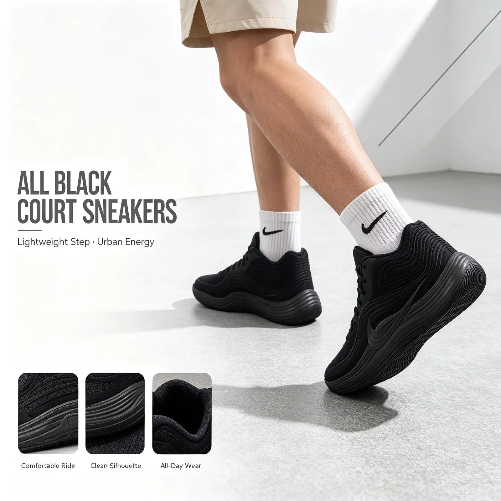 Nike Marken-Sneaker in Komplett Schwarz, Monochrome Low-Top Sportschuhe mit Mattem Obermaterial, Gepolsterter Sohle und Rutschfestem Design