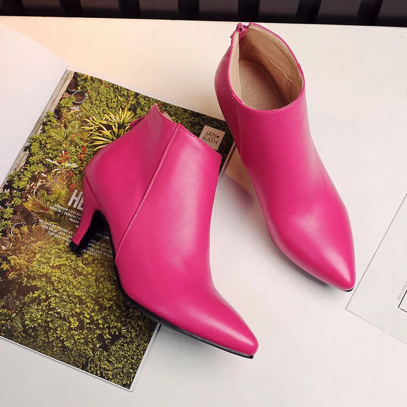 2025 benutzerdefinierte Patent Leder Frauen Stiefel Winter Candy Farbe Stiefeletten Sexy Spitz High Heels Frauen Schuhe Zip Botas WSH4702