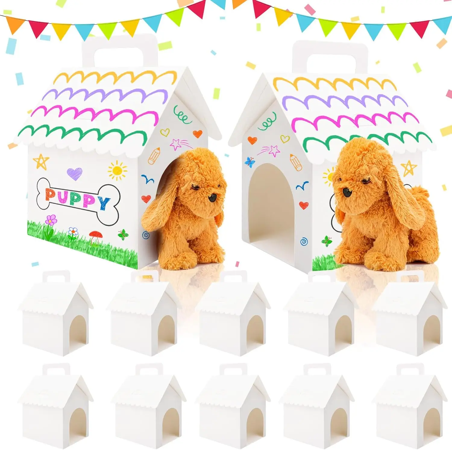 10 Stück weiße Hundehütten-förmige Geschenkboxen für Leckerlis, Partygeschenke, zum Selbermachen, faltbar, mit Griff, für Welpen, Haustier-Adoption, Kinder-DIY-Bastelarbeiten, Haustierbedarf