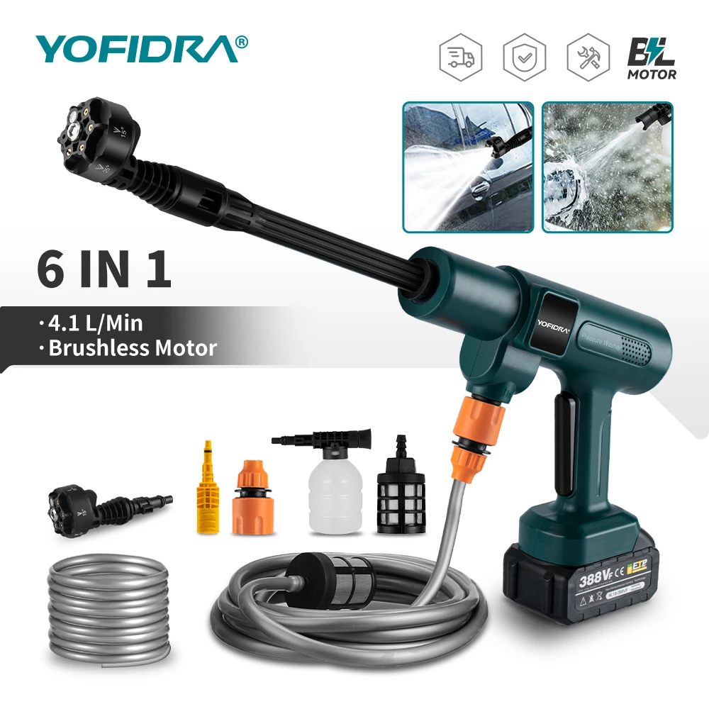 YOFIDRA 3500 W 200 Bar Bürstenlosen Waschmaschine Wasser Pistole 6 IN 1 Cordless Elektrische Hochdruck Auto Waschmaschine Garten Für makita Batterie Pin