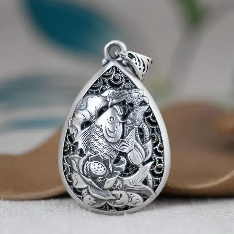 Klassisch neu in Vintage 925 Silber National Style graviert Lotus Blume Tröpfchen Tropfen Anhänger Halskette Kiel Kette Charm Schmuck
