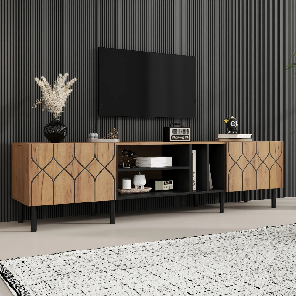 Zweiflügeliger TV-Schrank mit 4 offenen Fächern, niedriger TV-Schrank für das Wohnzimmer, MDF, 180 x 40 x 50 cm, geeignet für Fernseher bis 70 Zoll, Naturholzfarbe + Schwarz