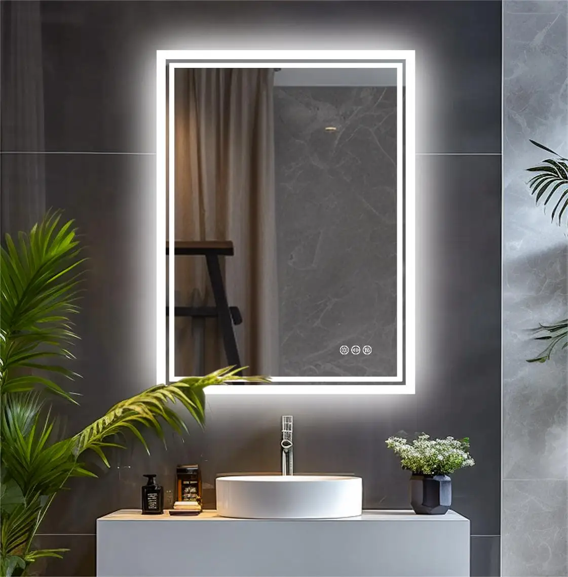 LED-Licht, Badezimmerspiegel, beleuchtet, Wandmontage, Schminktisch, Make-up, beschlagfrei, rechteckig, 3-Farben-Touch-Licht