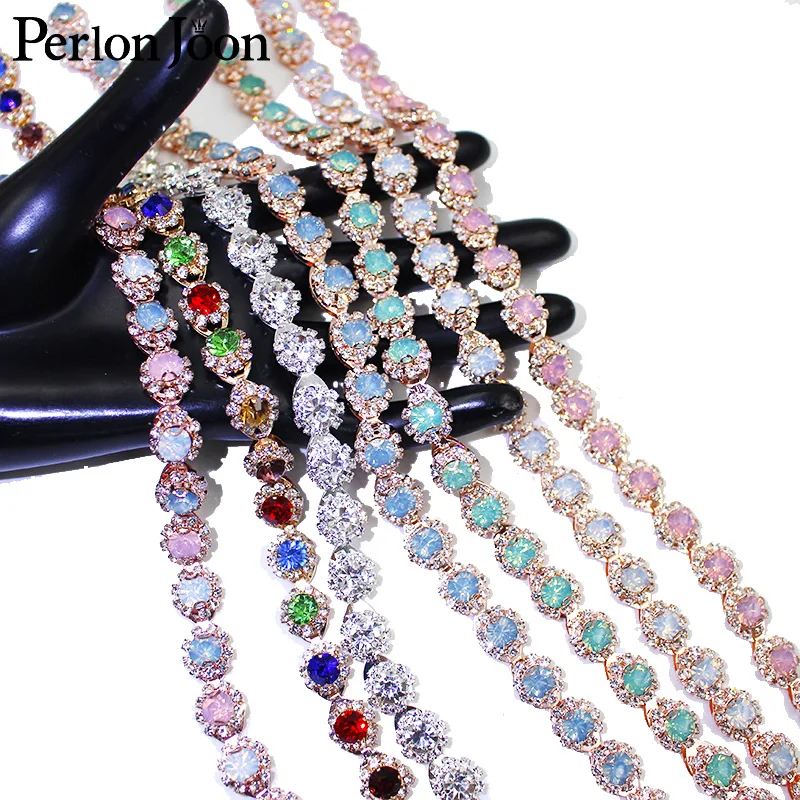1yard Farbe kristall gelee strass trim Band Rose gold metall kristall kette für kleid, tasche, schuhe zubehör ML044
