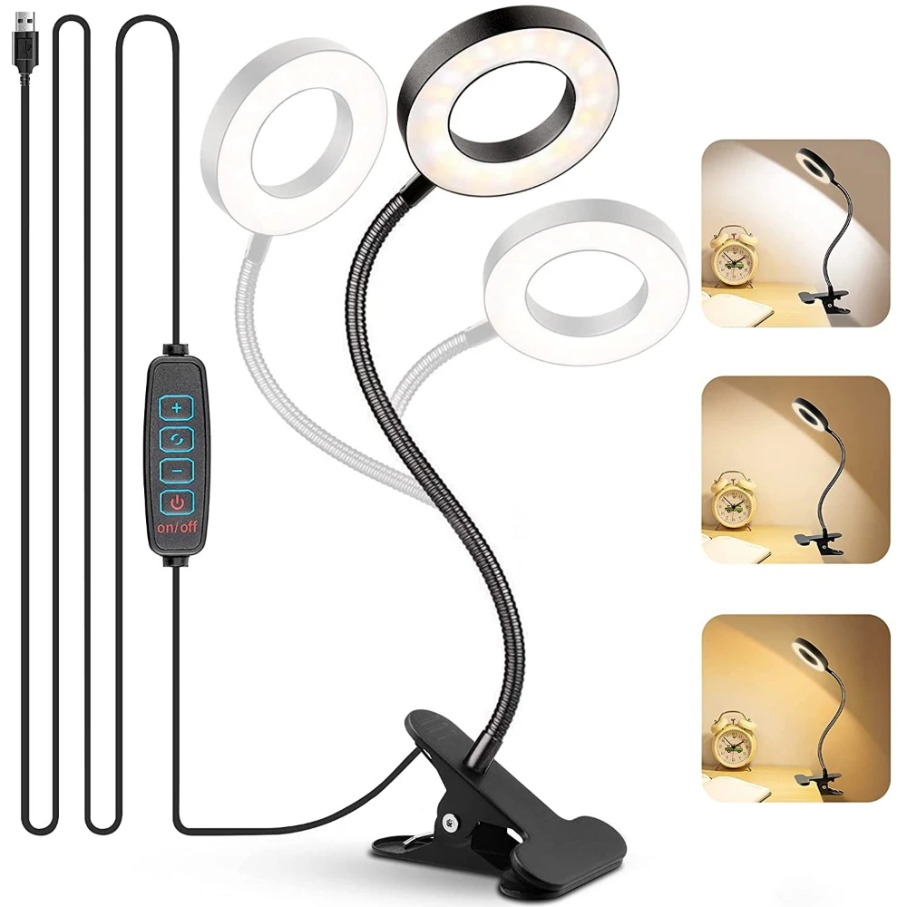 48 LED-Klemmleuchte für den Schreibtisch, USB-betrieben, 3 Farbtemperaturen, dimmbar, Klemm-Leselampe, tragbare Augenschutzlampe für Schlafzimmer, Büro, Nachttisch, Studium und Arbeit