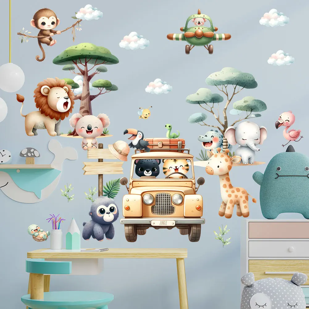 Kinderzimmer Cartoon Elefant Giraffe Baum Wandaufkleber selbstklebend Baby Kinderzimmer Dschungel Tier Zoo Wandtattoo Wandbild