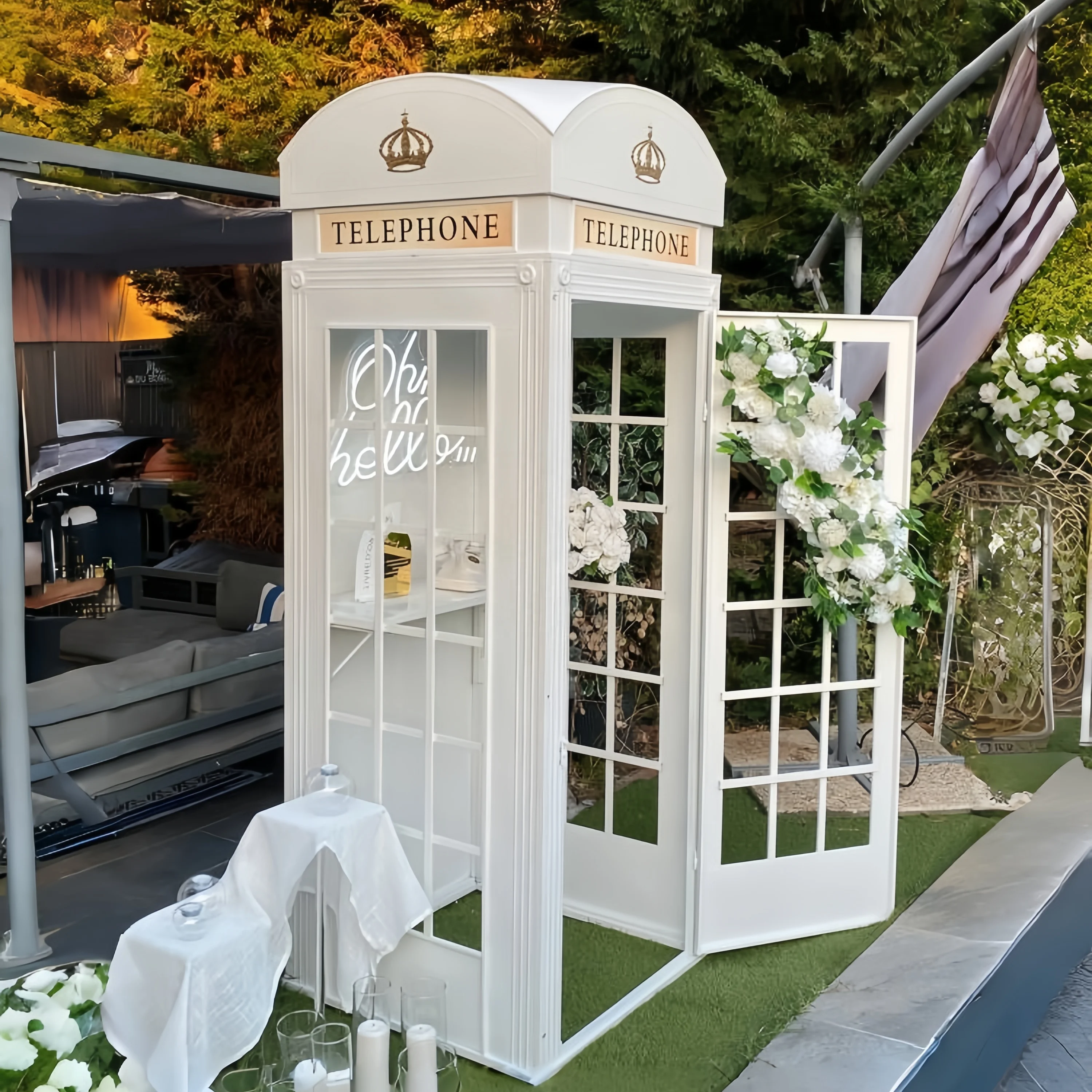 White phone booth with audio guestbook phone London wedding phone