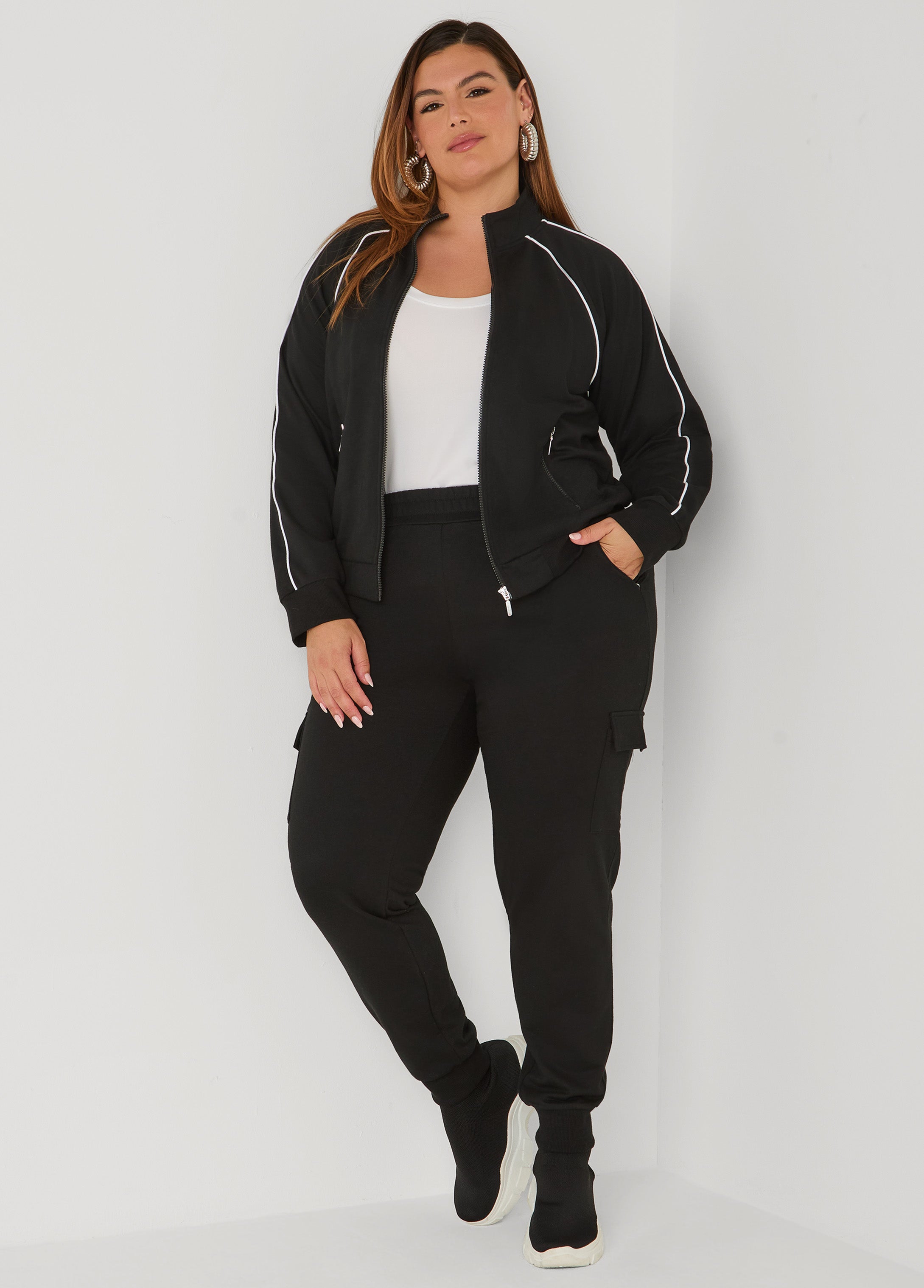 Plus Size Piped French Terry Cargo Joggers