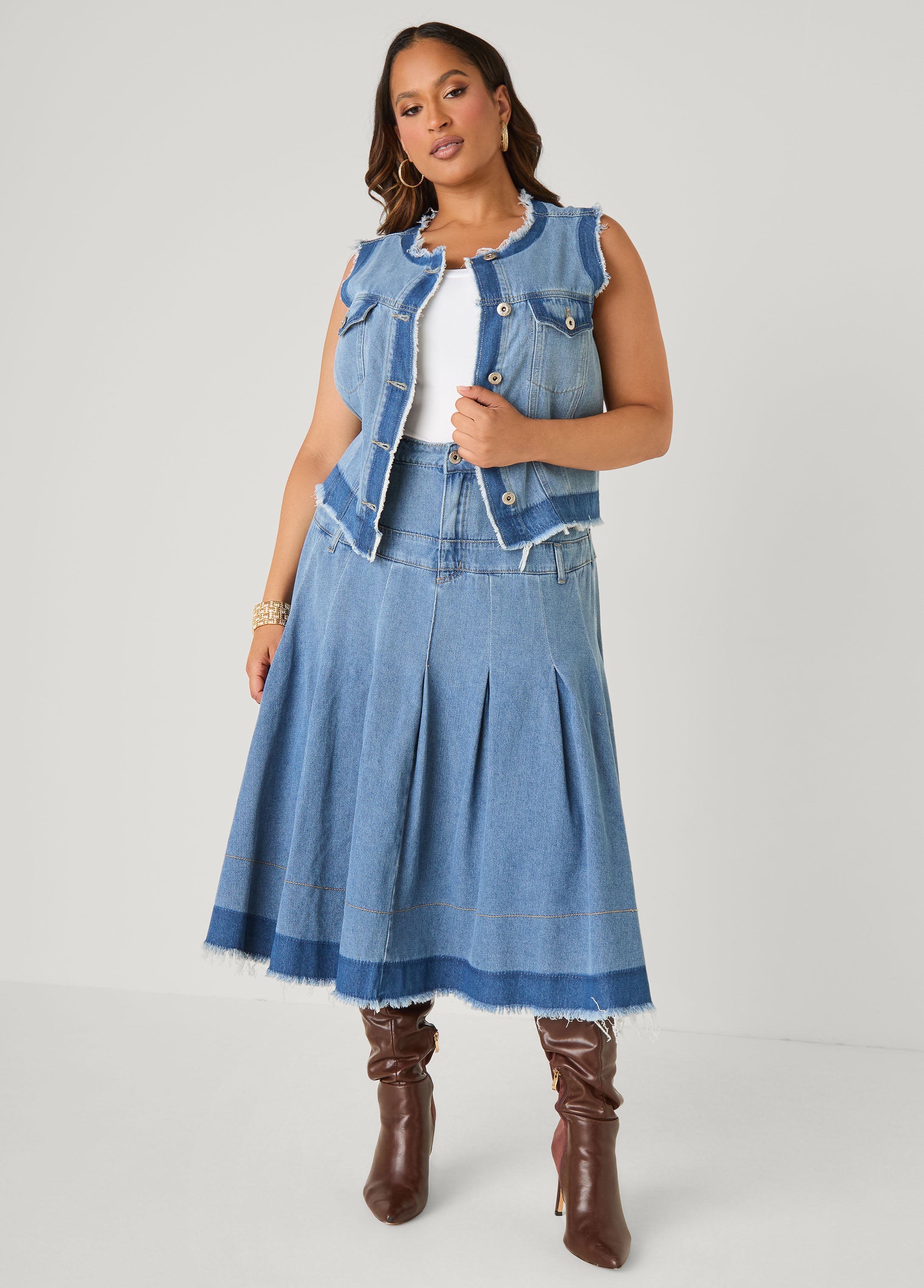 Plus Size Pleated Two Tone Midi Denim Skirt