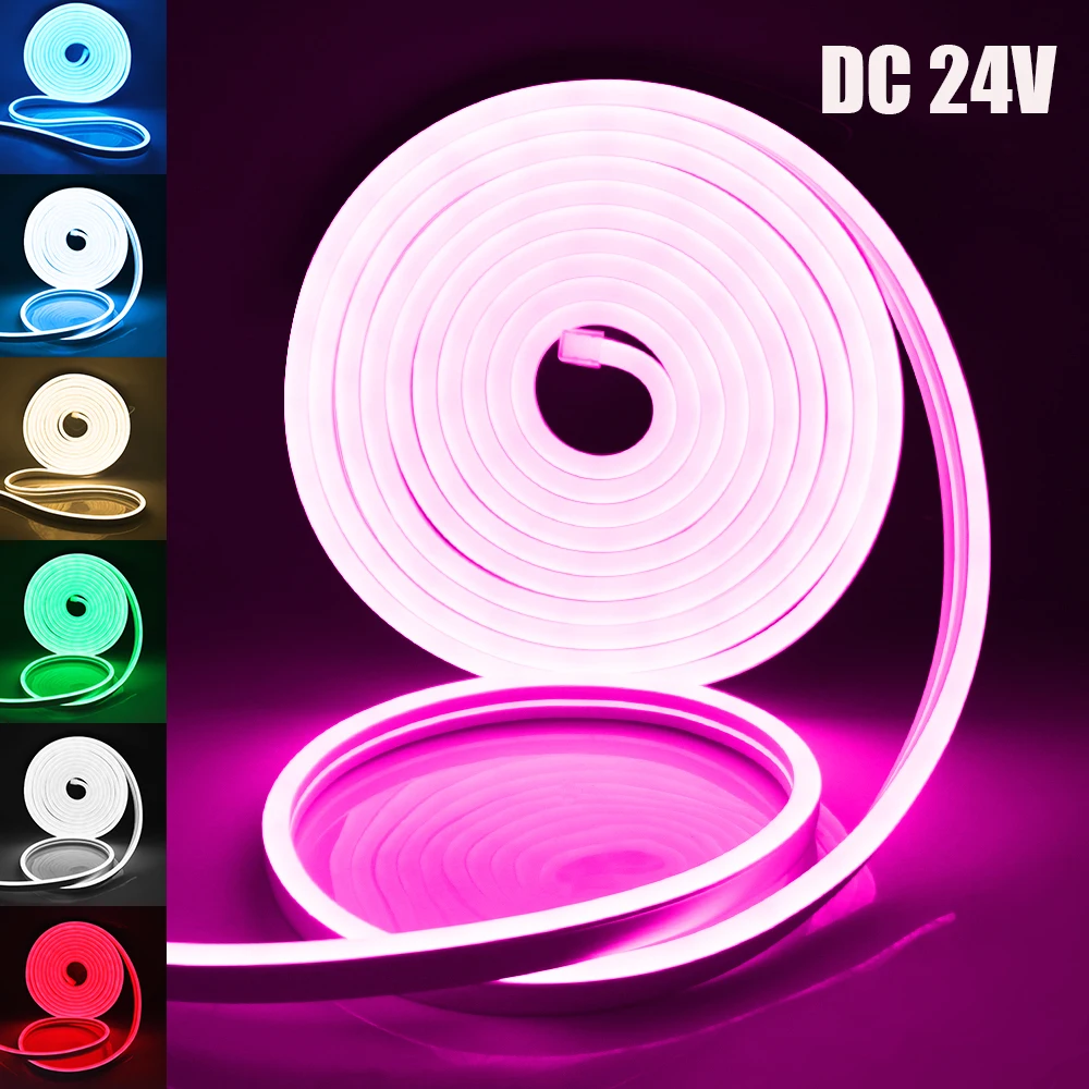 DC 24V IP67 Wasserdichter Neonstreifen Weiß/Blau/Rosa/Gelb/Grün/Orange TV-Hintergrundbeleuchtung Heimdekoration Silikon-LED-Lichtschlauch 1M-20M