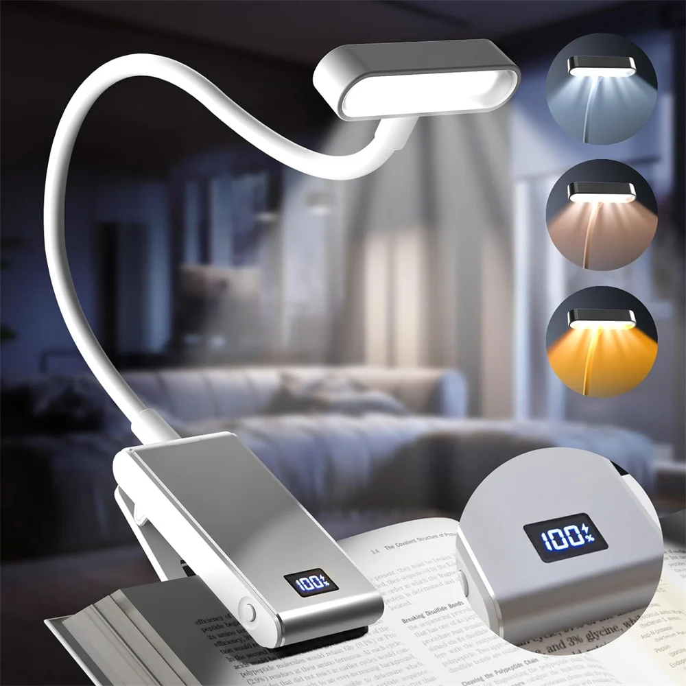 Wiederaufladbare Aluminium-Leselampe mit 3 Farben und 3 Helligkeitsstufen, Clip-On Mini-Buchlampe, kleine Leselampe für Nacht und Studium