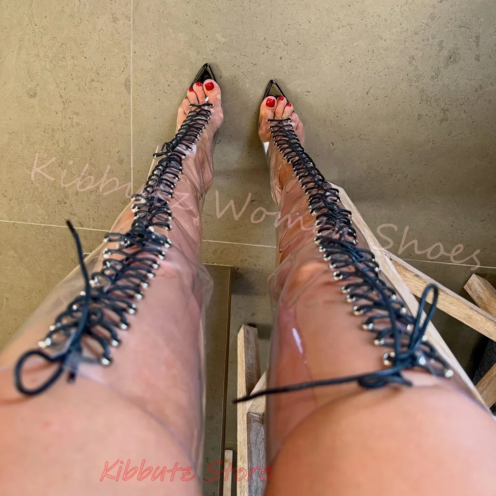 Overknee-Stiefel-Sandalen für Damen, sexy, durchsichtige Schnürstiefel mit Stilettoabsatz, transparente Spitze, Sommerschuhe für Damen aus Leder