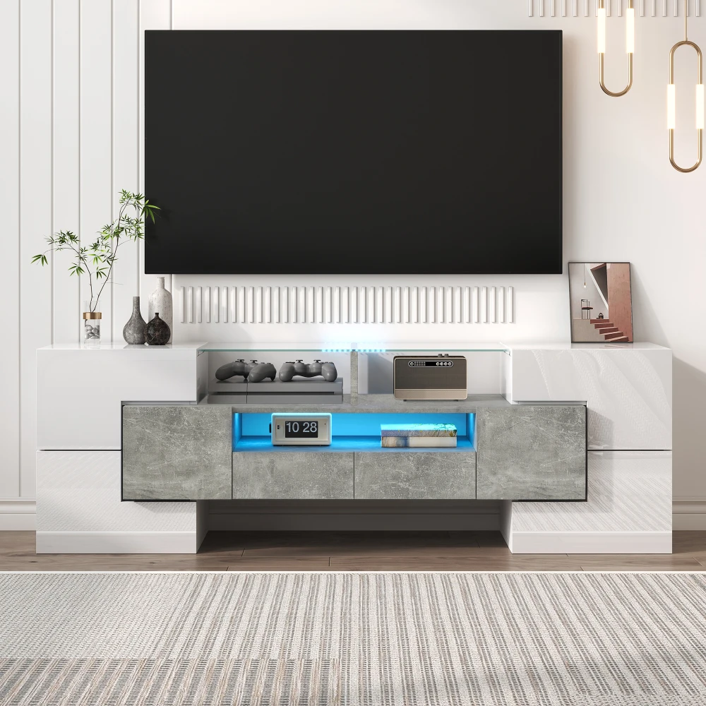PINGGO Hochglanz Weiß TV-Schrank 145CM mit LED-Beleuchtung Modernes Design Elegantes Glas-Lowboard für Wohnzimmermöbel
