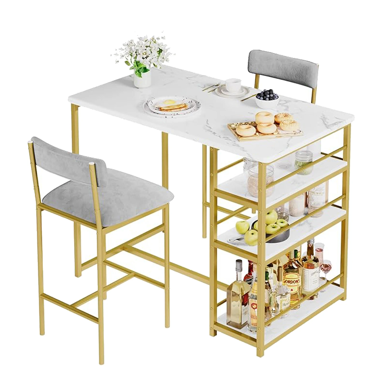 Esstisch-Set für 2 Personen, Bartisch und Stühle für 2, Küchentisch-Set mit 2 gepolsterten Stühlen, 3 großen Ablageflächen, Pub-Tisch-Set für kleine Räume, Apartment