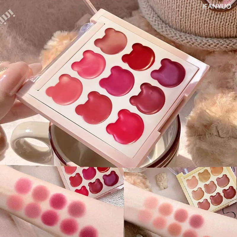 9 farben Bär Lippenstift Palette Lip Schlamm Matte Süße Warme Farben Wangen Erröten Nicht-stick Tasse Lip Gloss Gesichts schönheit Kosmetik Make-Up