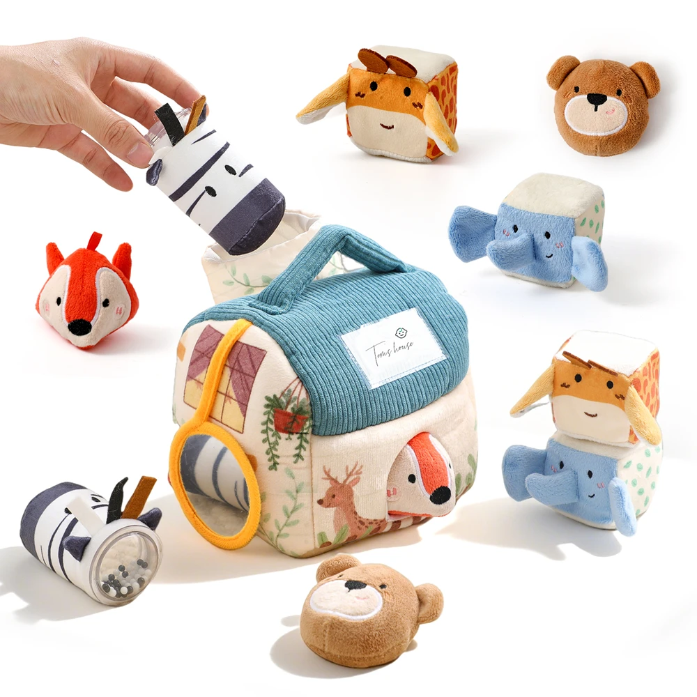 Dschungeltier-Plüschhaus-Spielzeug mit 6 weichen Plüschtieren, Knistergeräuschen, Spiegel, Glocke, Texturen, Feinmotorik, sensorisches Babyspielzeug