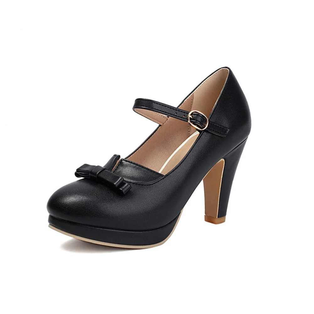 Frühling Neue High Heels Damen Mode Schleife Runde Spitze T-Riemen Schnallen-Pumps Hochzeit Party Kleid Plateau-Schuhe Große Größe 48 A4-5