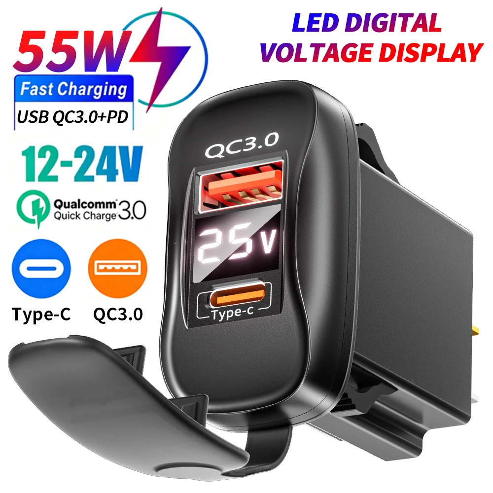 Wasserdichte QC3.0+Type-C Autoladegerät-Buchse, 12-24V Dual-Port-Schnellladegerät mit LED-Voltmeter & Verkabelungskit, für Auto, Motorrad, Boot
