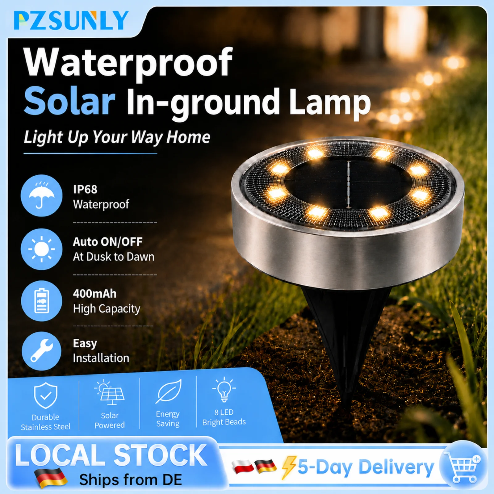 PZSUNLY LED-Solar-Bodenleuchte, IP68, wasserdicht, automatisches Ein- und Ausschalten, solarbetriebene Bodenleuchte für den Außenbereich, Weg, Hof, Auffahrt, Rasen, Garten, Landschaftsdekoration, Licht