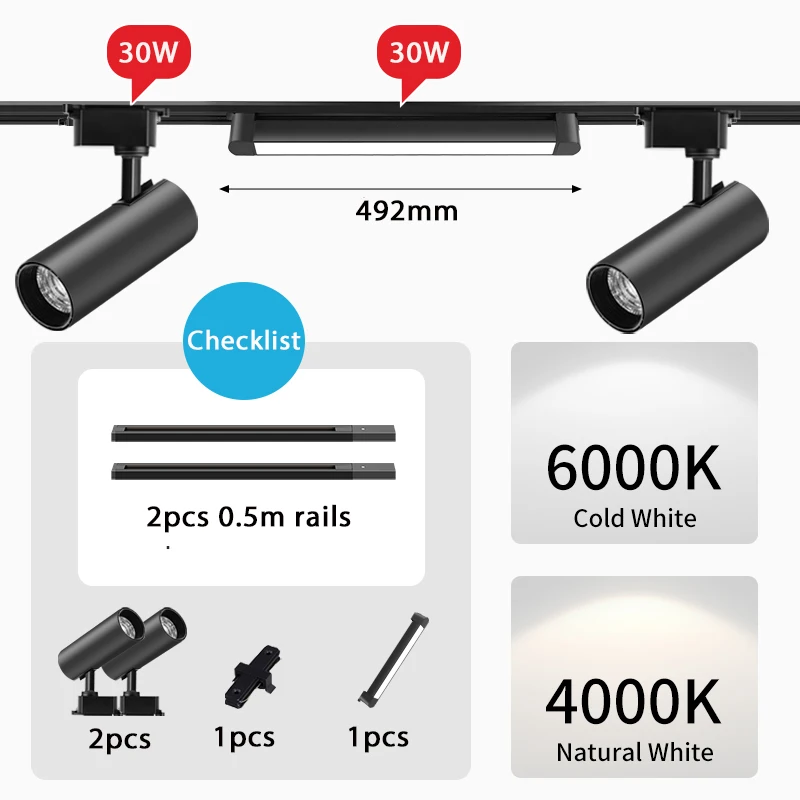 LED-Schienenstrahler-Set, Decken-Schienenlampen 30W, Schienensystem für Zuhause, Schlafzimmer, Laden, Wohnzimmer, Küche, Schienenbeleuchtung