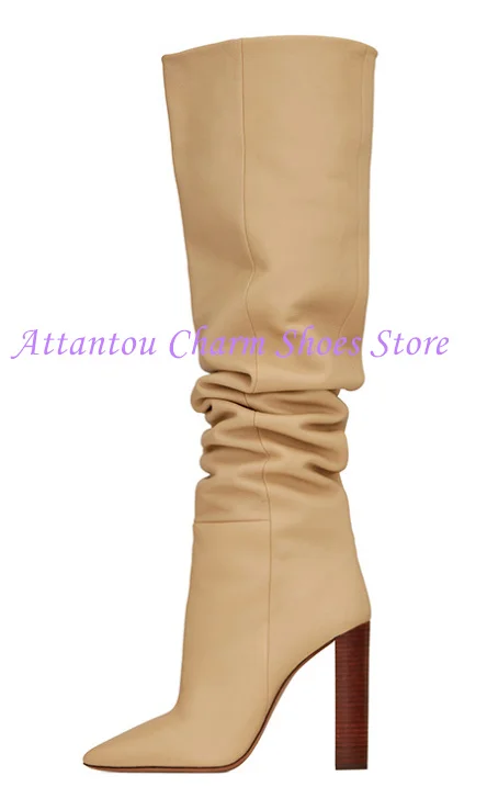 Nude Farbe Leder Blockabsatz Kniehohe Stiefel Frau Mode Spitz Große Größe Lange Stiefel Dame Sexy Bankett Party Schuhe